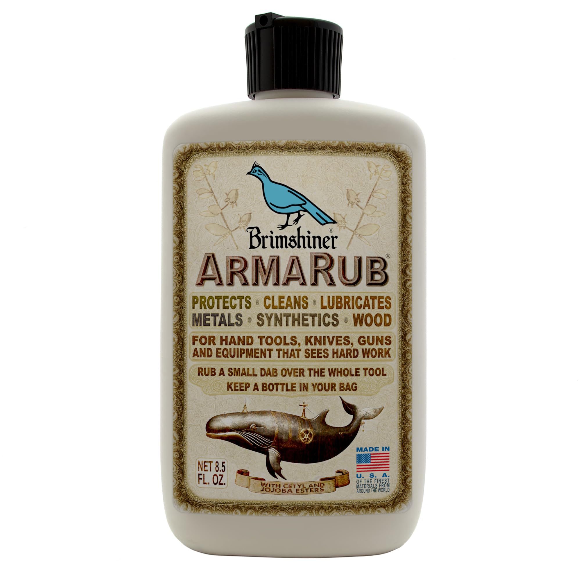 Brimshiner ArmaRub bottle closeup for on-the-go tool care and lubrication.