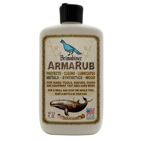 Brimshiner ArmaRub bottle closeup for on-the-go tool care and lubrication.