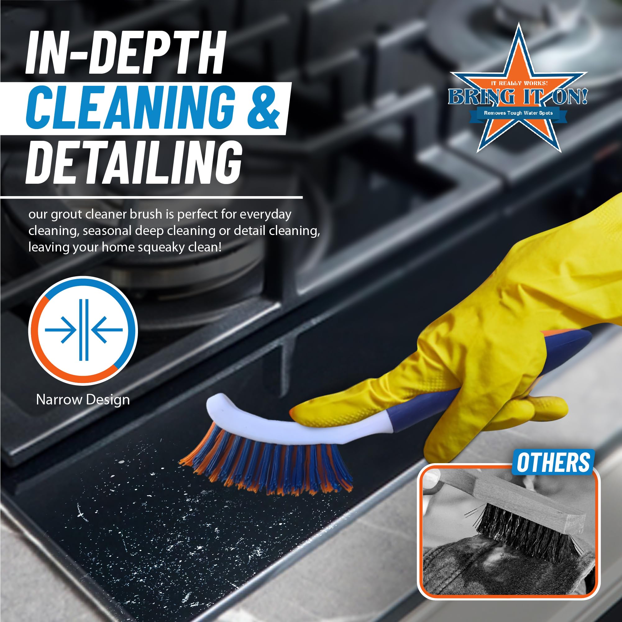 BRING IT ON! CLEANER grout brush ergonomic handle provides non-slip grip when wet.