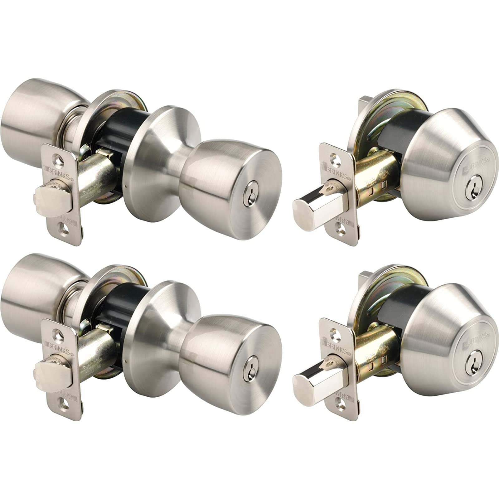 BRINKS Bell Style keyed entry knob satin nickel on door, enhances security and curb appeal.