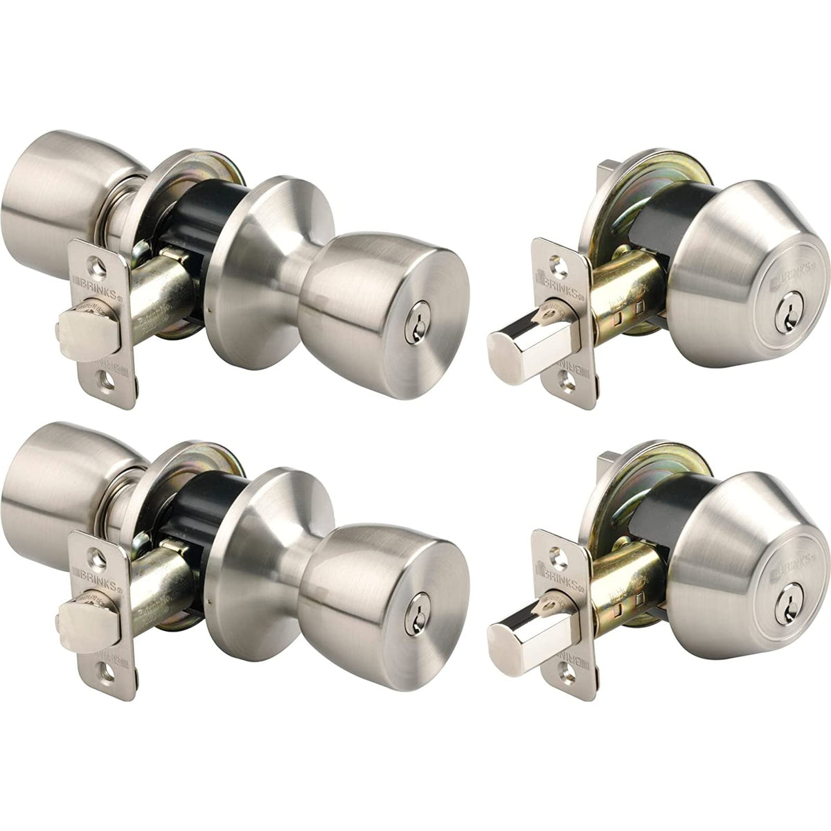 BRINKS Bell Style keyed entry knob satin nickel on door, enhances security and curb appeal.