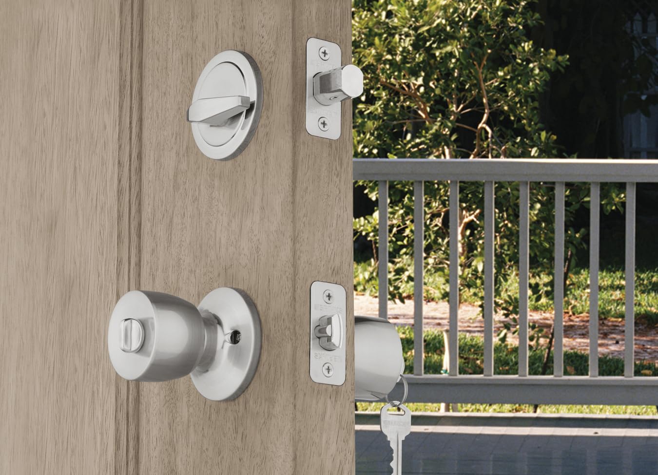 BRINKS durable exterior hardware satin nickel finish blends with most doors.