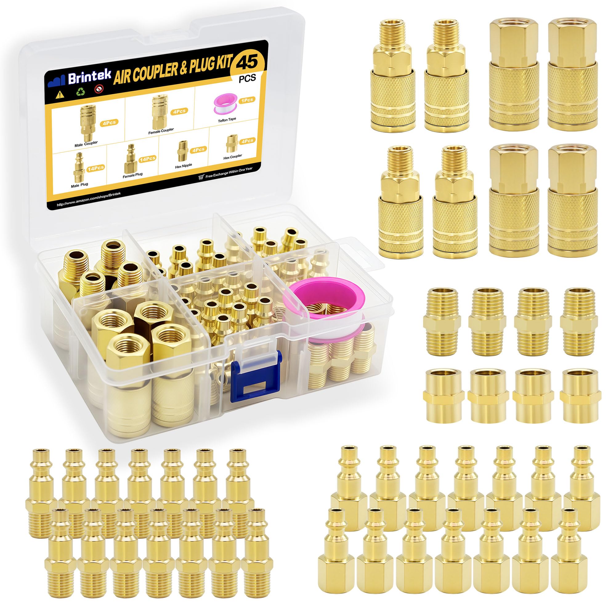 Brintek 45-piece air coupler kit contents arranged for versatile connections
