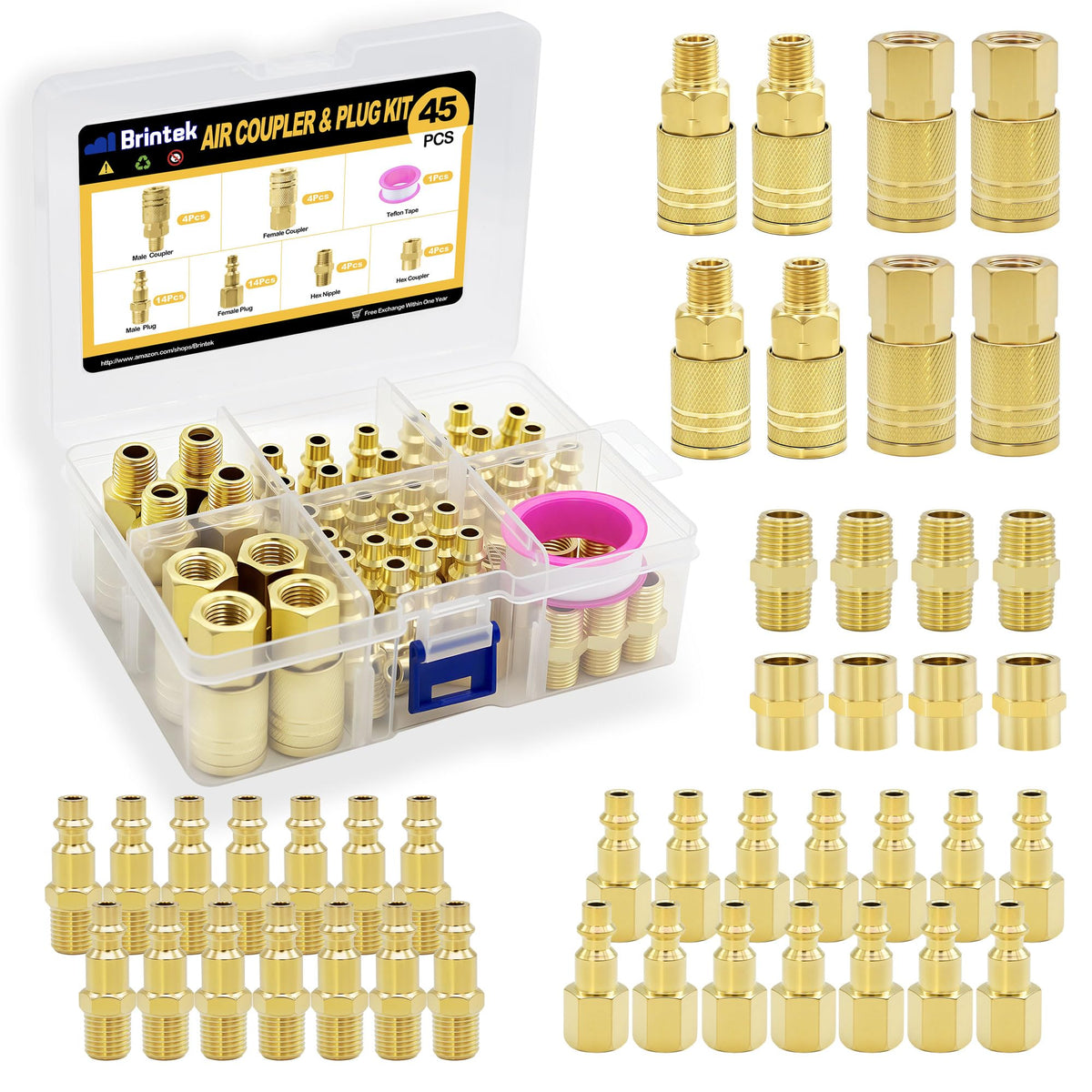 Brintek 45-piece air coupler kit contents arranged for versatile connections