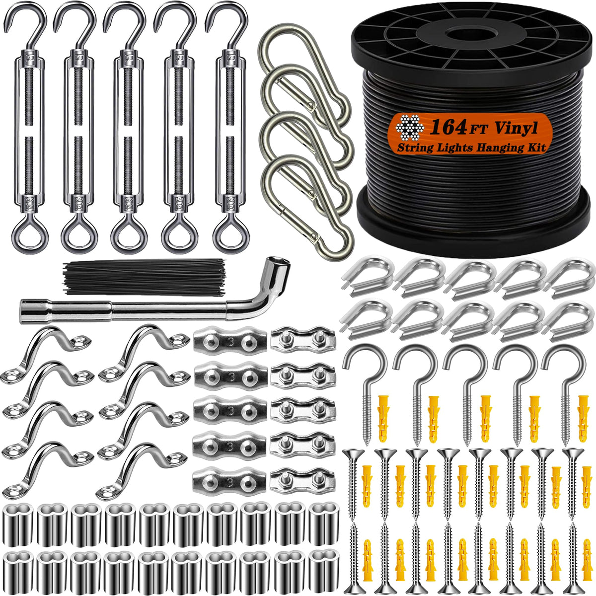 BRISBONN 164ft hanging kit box contents showing components for quick setup