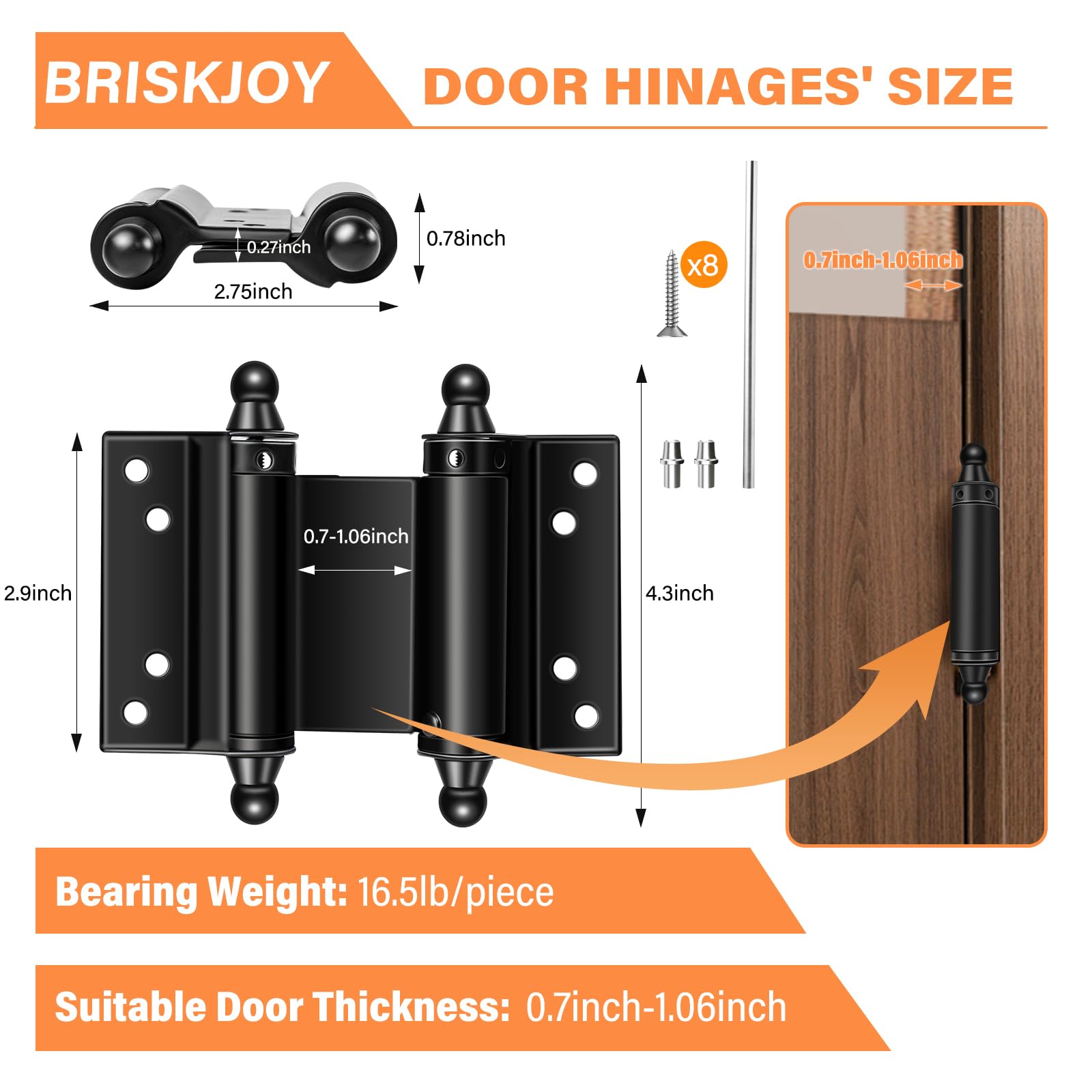 BriskJoy stainless steel saloon hinge close-up showing durable finish