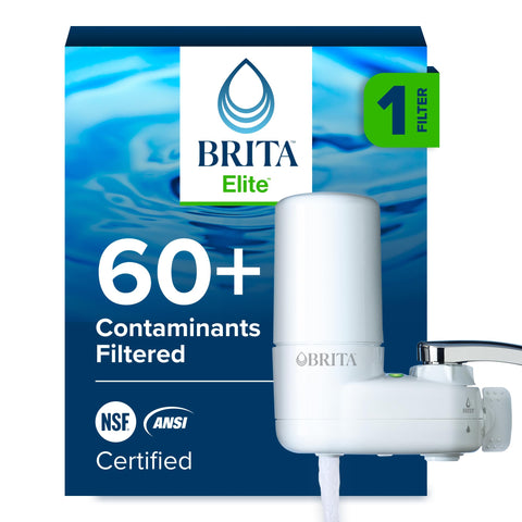 Brita Elite Advanced faucet filter visually attached to a white kitchen faucet, improving water taste