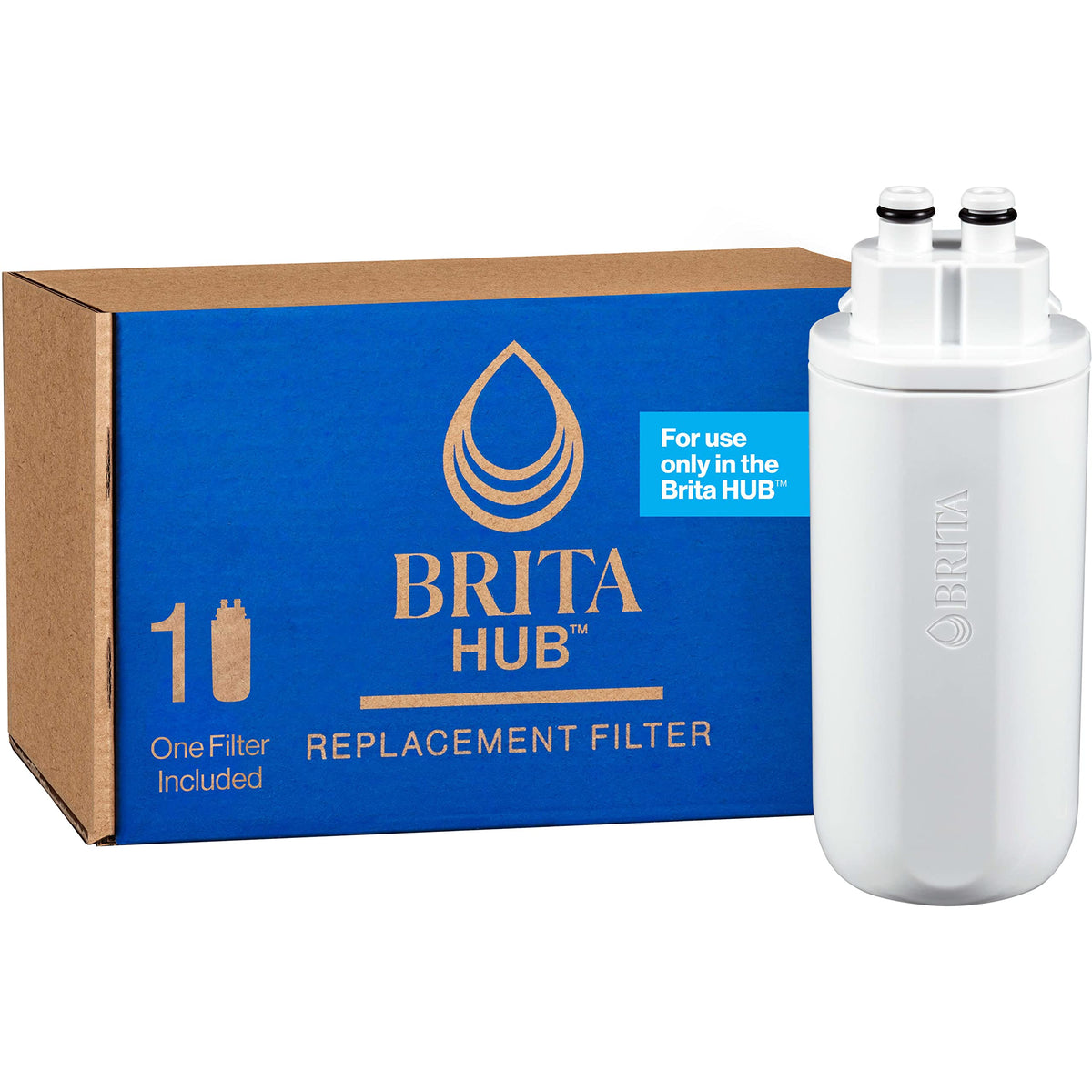 Brita Hub replacement filter packaging demonstrates quick setup and cleaner-tasting water.
