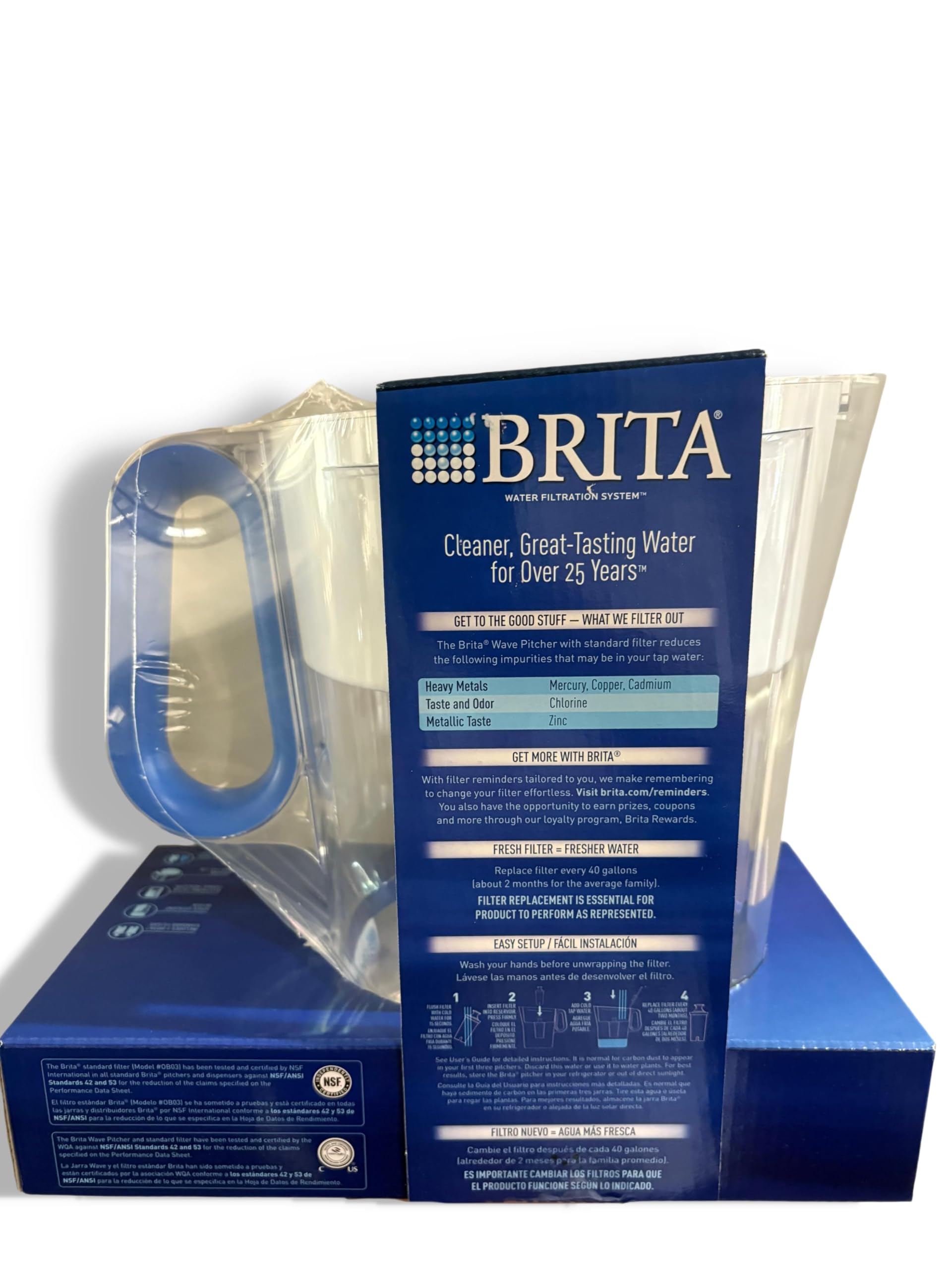 Brita 10-cup pitcher with easy-fill lid and pour spout for simple refills.