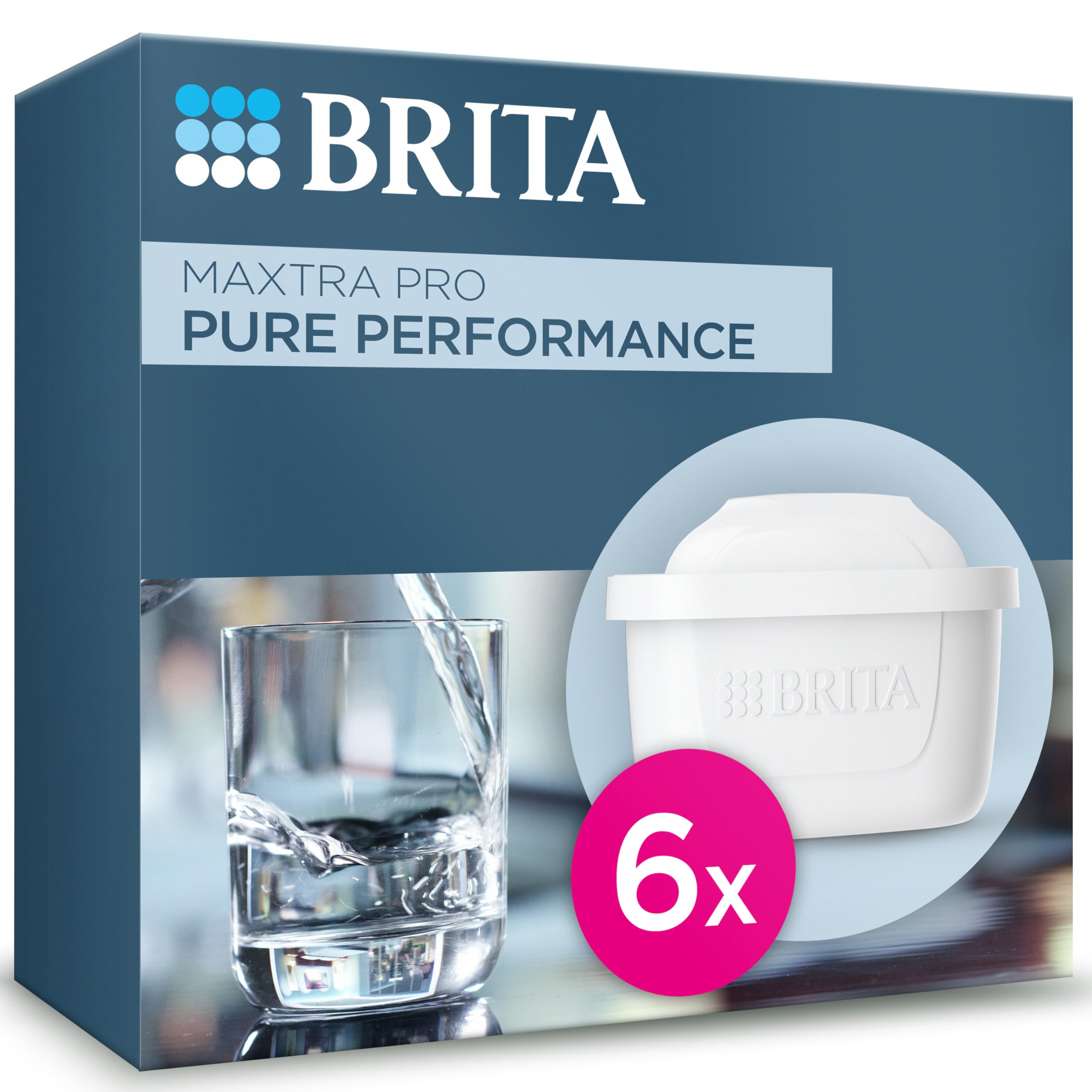 BRITA MAXTRA PRO filter cartridge enhances tap water taste.