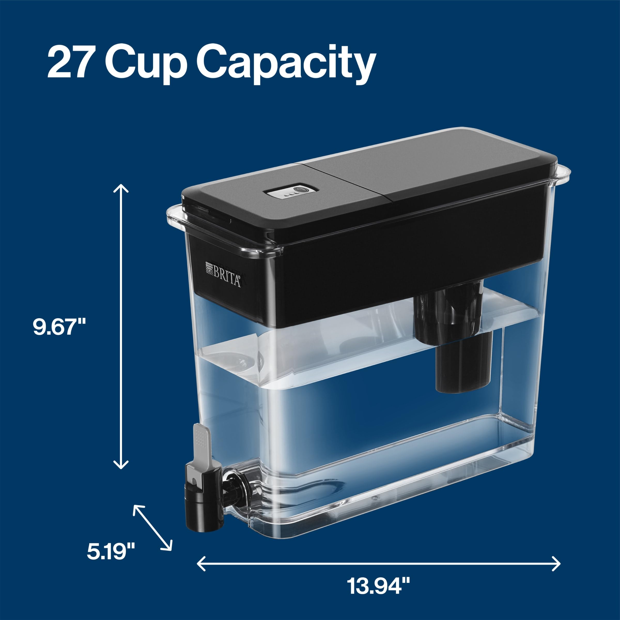 Brita UltraMax Elite black dispenser compact footprint in kitchen.