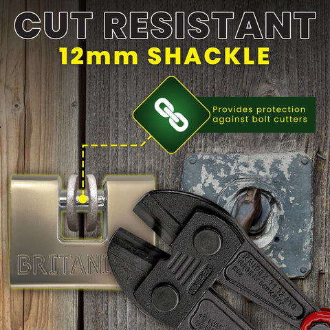 Britanium BRP74 12mm hardened steel shackle resists bolt cutters and tampering.