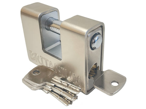 Britanium BRP74 armoured padlock with outer steel cover reinforces security against drilling.