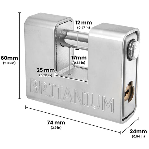 Britanium BRP74 heavy-duty armoured casing shields the lock from tampering and impact.