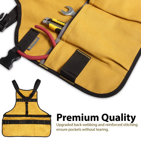 BRITEREE carpenter apron featuring deep cell phone pocket with elastic to prevent drops