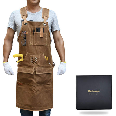 BRITEREE woodworking apron front view showing durable waxed canvas protection