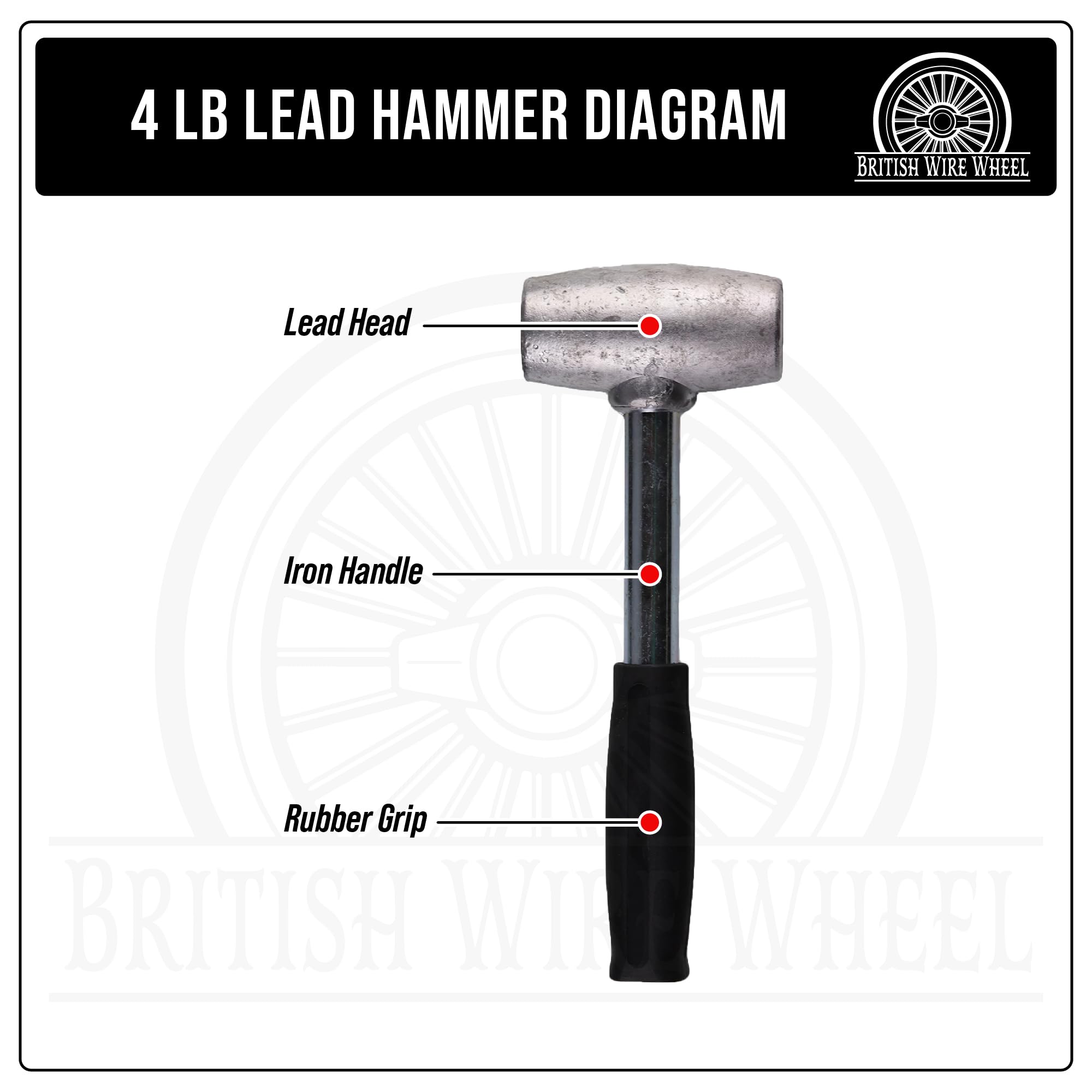 British Wire Wheel 4lb lead hammer head close-up shows controlled-force impact