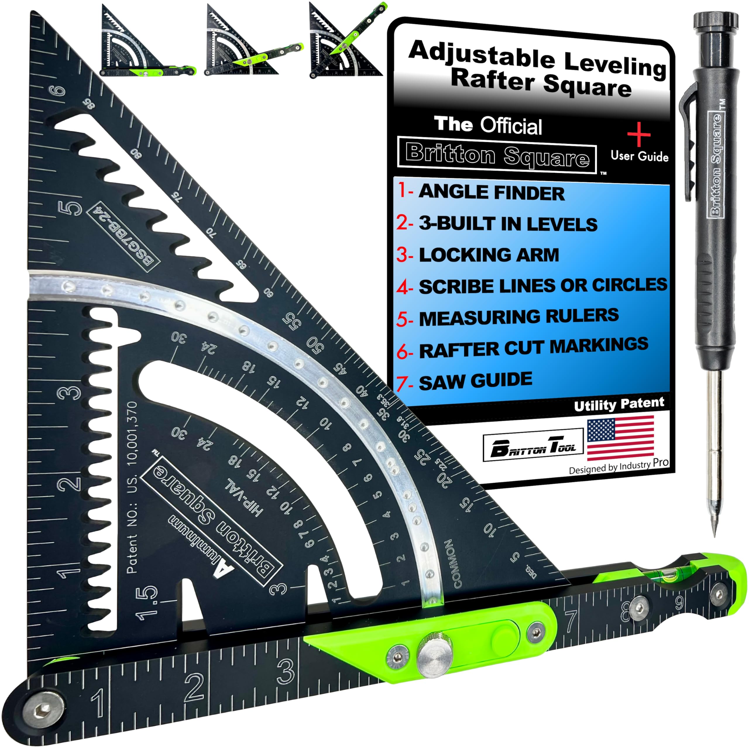 Britton Square 7'' aluminum rafter square front view with dual levels for quick framing checks