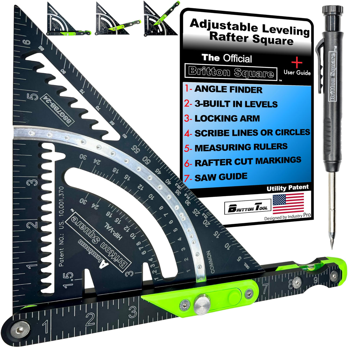 Britton Square 7'' aluminum rafter square front view with dual levels for quick framing checks