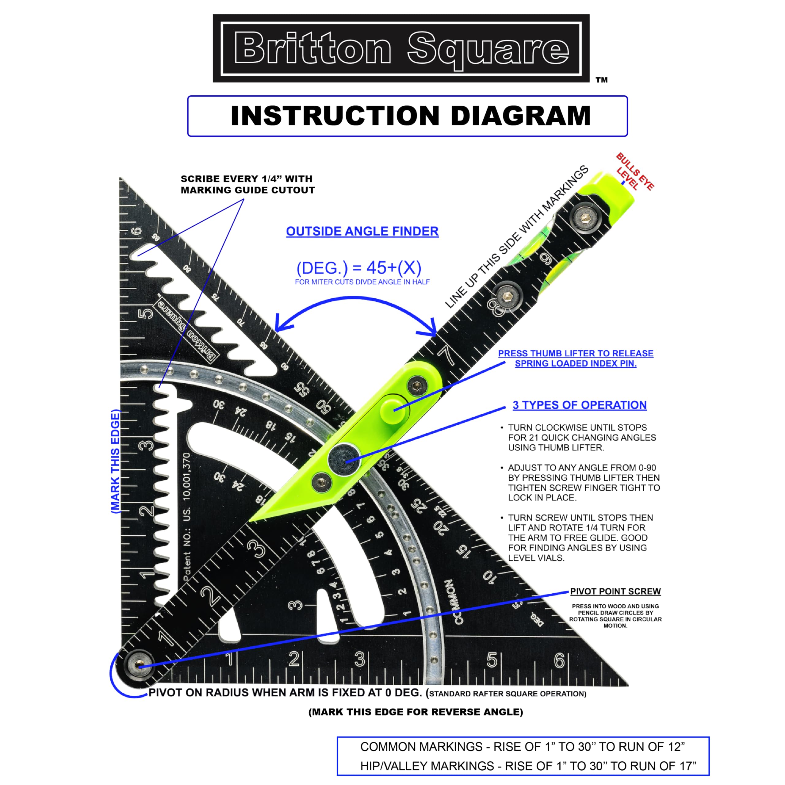 Britton Square 7'' rafter square multi-function tool for framing, roofing, and more