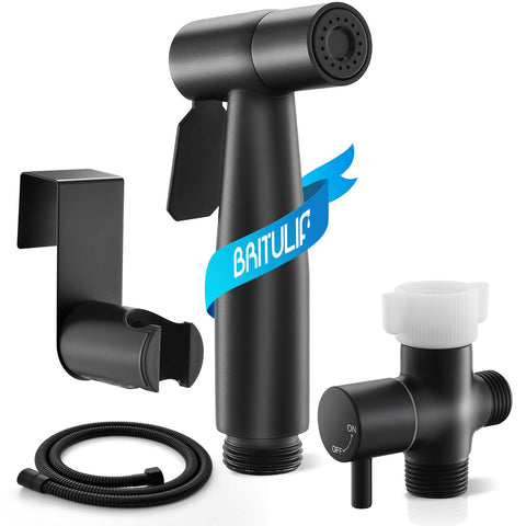 BRITULIF black bidet sprayer with tank mount demonstrates leak-free design for a drier bathroom.