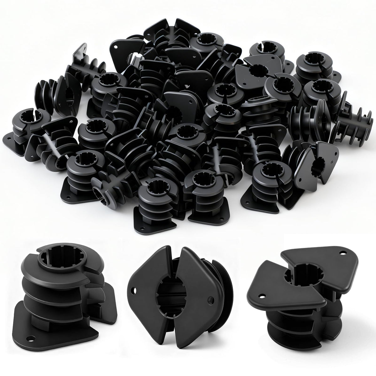 Briwooody thru isolation clamp closeup shows durable plastic construction for reliable pipe support.