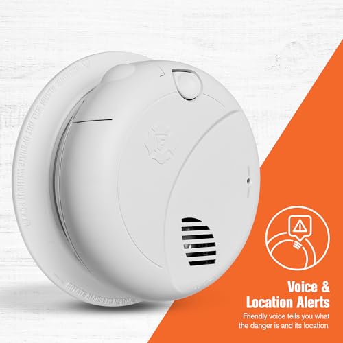 BRK First Alert smoke alarm with voice alerts indicating location during a potential fire.