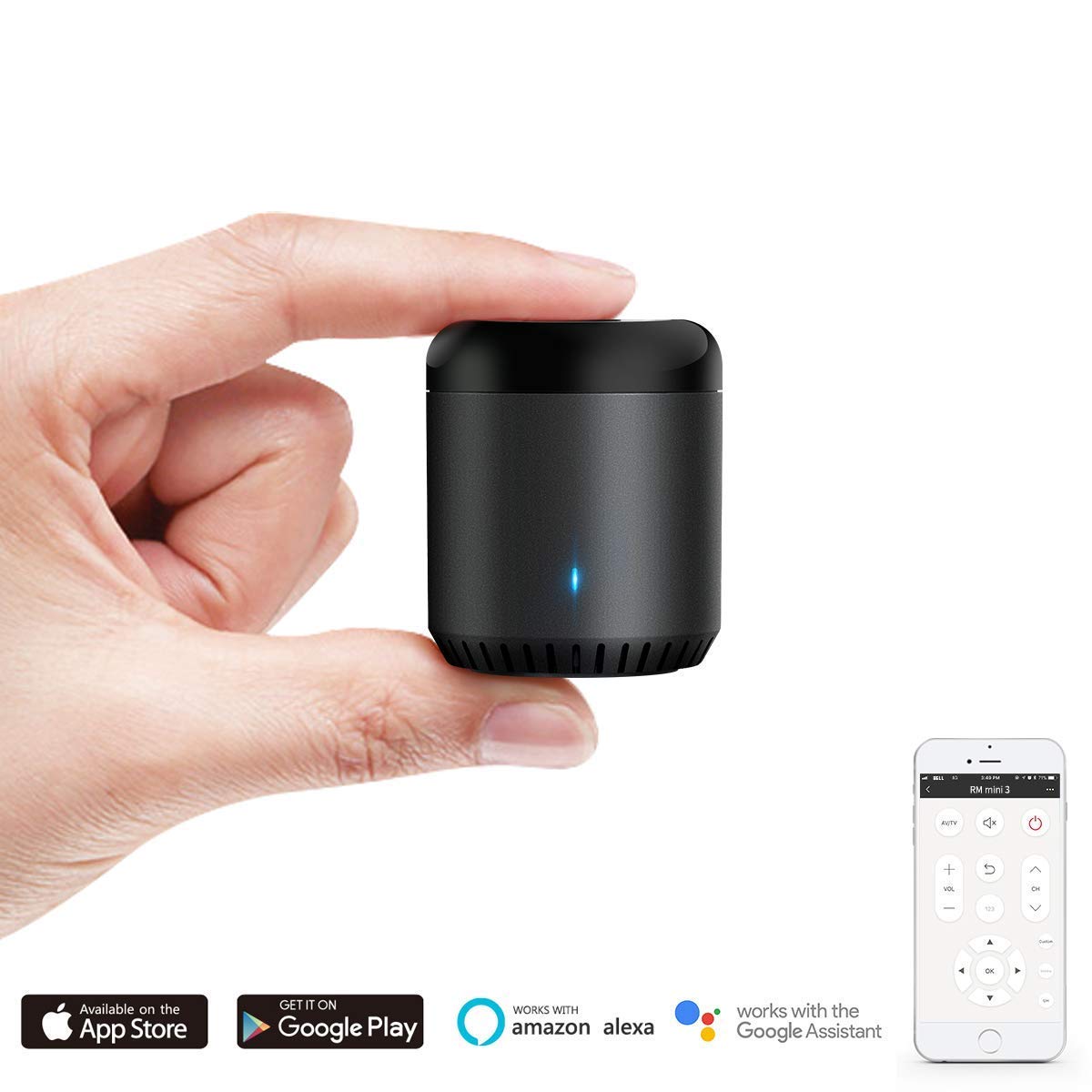 BroadLink RM Mini 3 smart hub enabling scenes and automation.