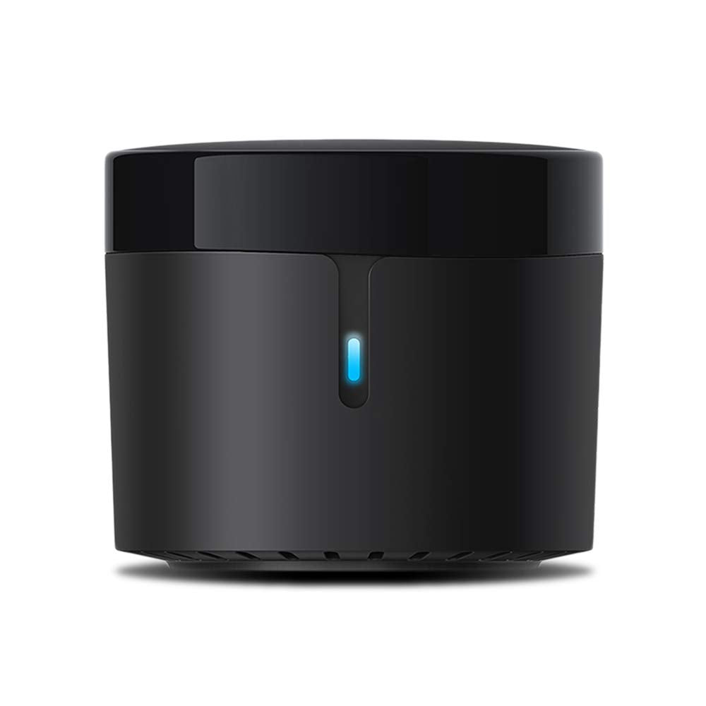 BroadLink RM4 Mini on table enables IR control for TV and AC.