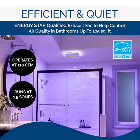Broan-NuTone AER110RGBL operates at 1.5 sones for discreet bathroom ventilation.
