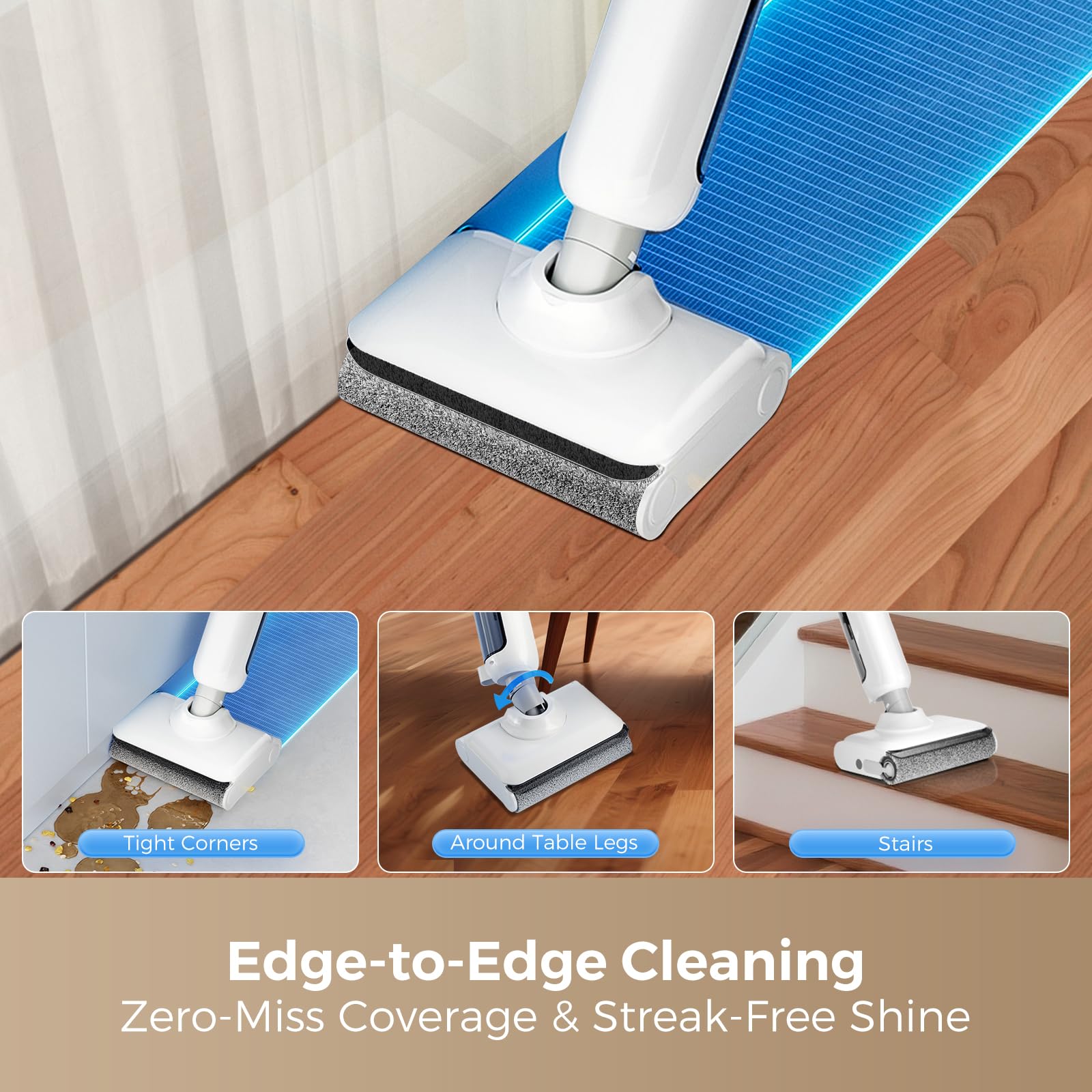 Dual water-tank system keeps cleaning with fresh water for hygiene.