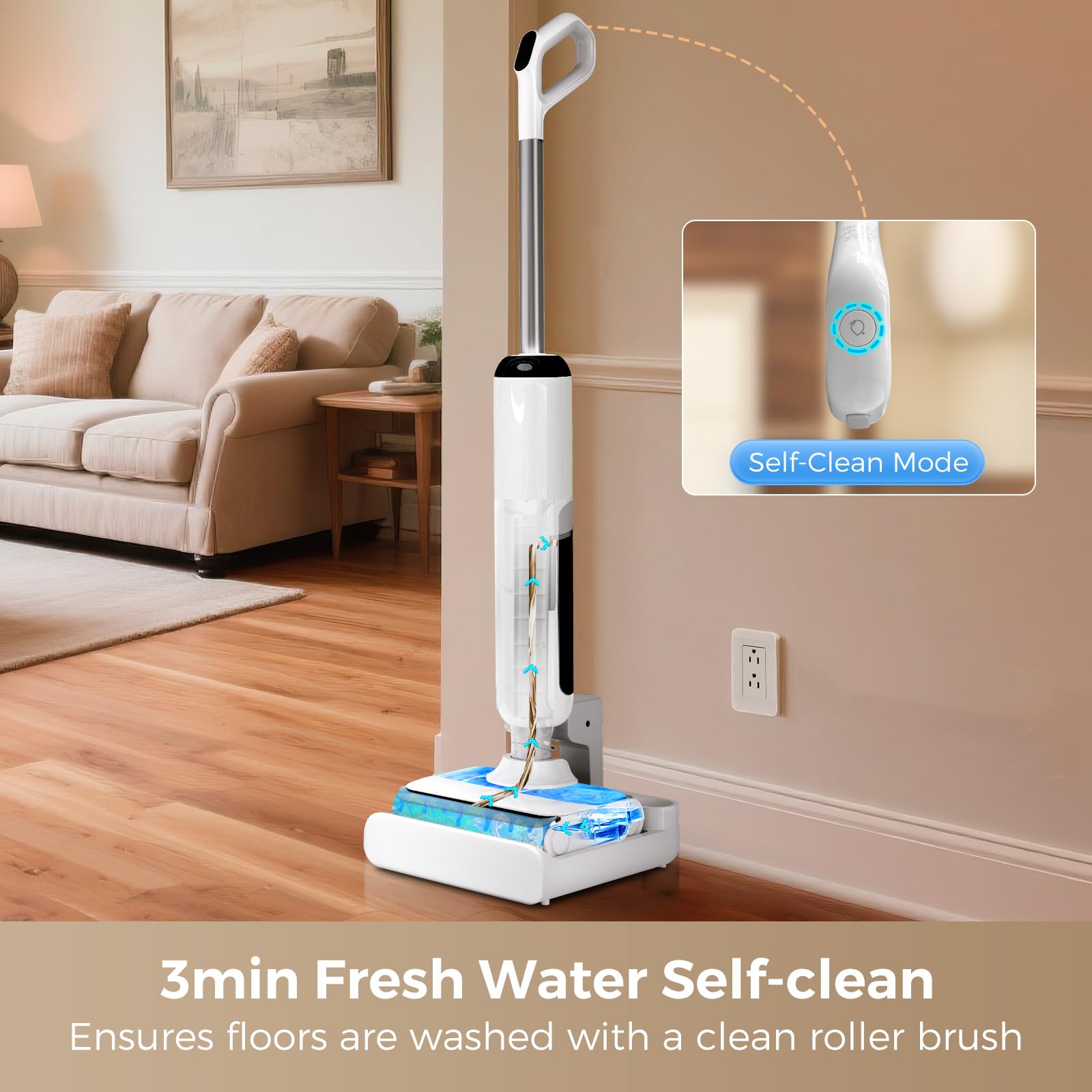 Edge-to-edge cleaning highlights baseboard reach and corner access.