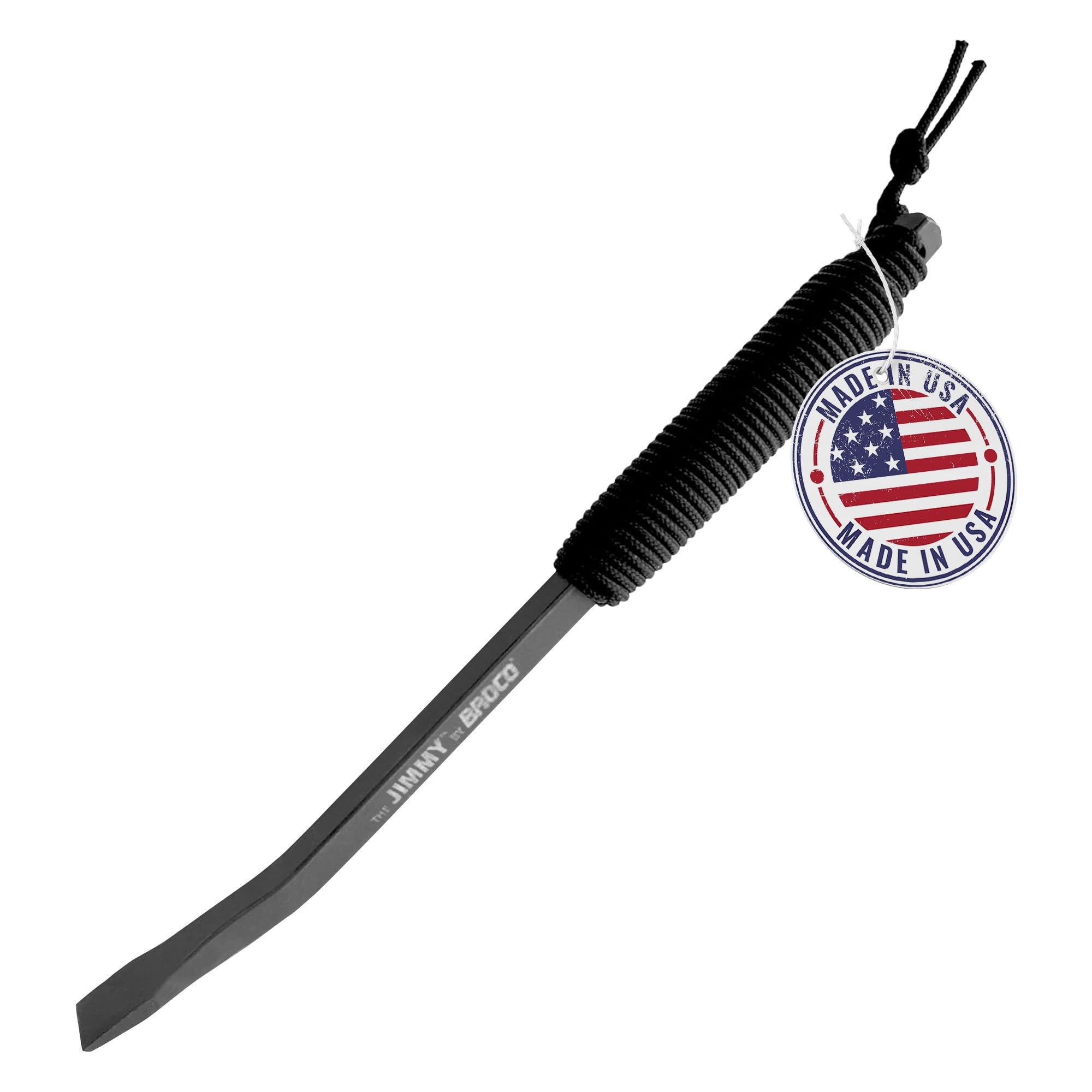 BROCO Jimmy tactical pry bar front view showing compact size and rugged construction.