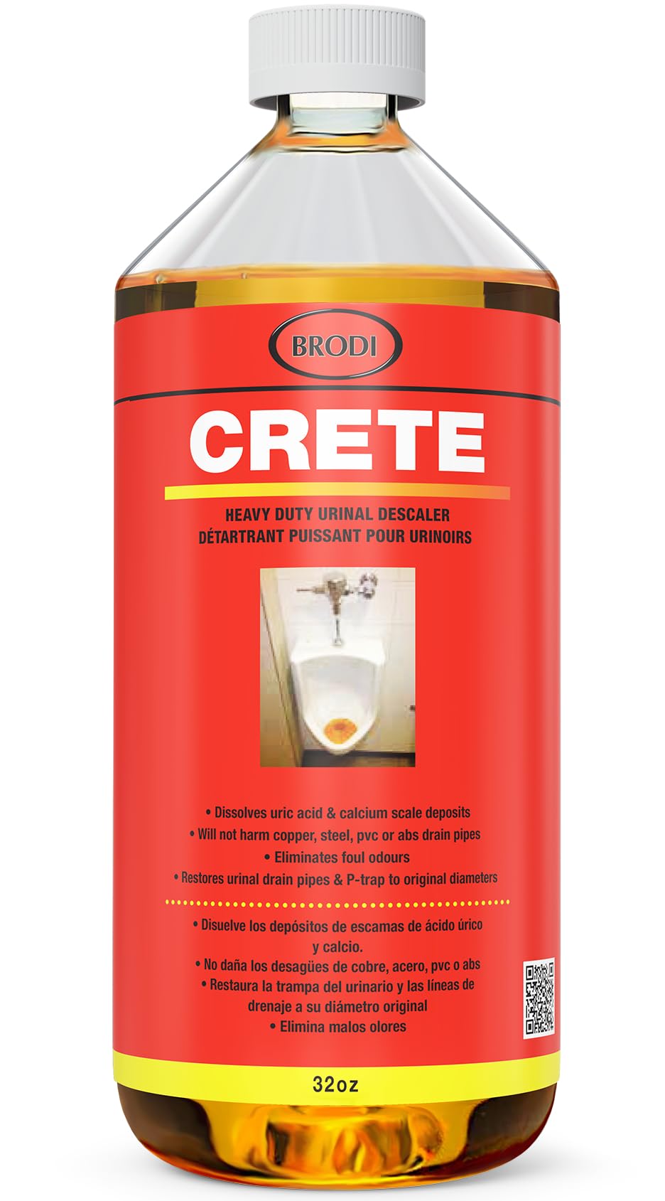 Brodi CRETE Urinal Drain Cleaner bottle for professional restroom maintenance.