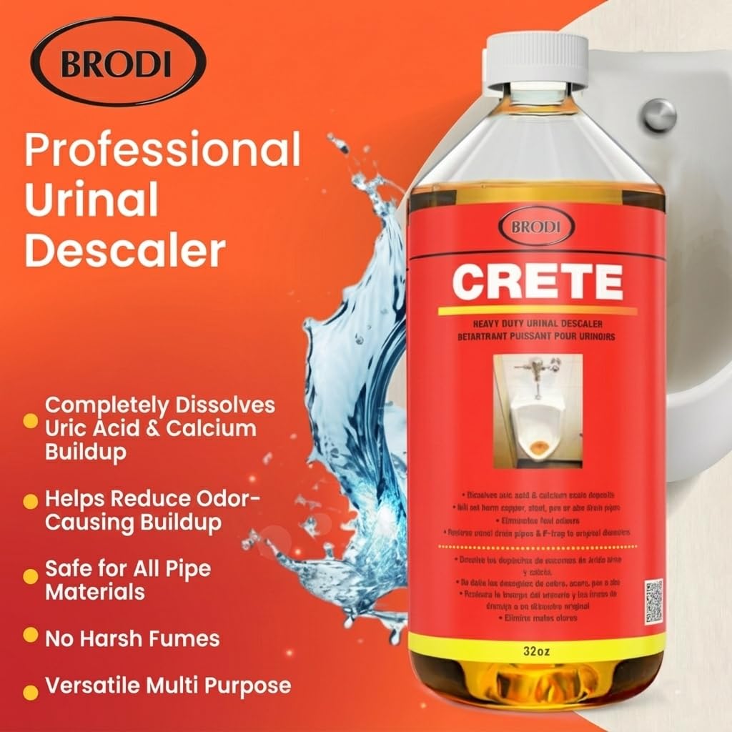 Brodi CRETE label highlights commercial-grade descaler and deodorizer.