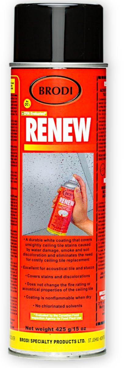 Brodi Renew ceiling tile spray paint application showing even coverage on tiles.