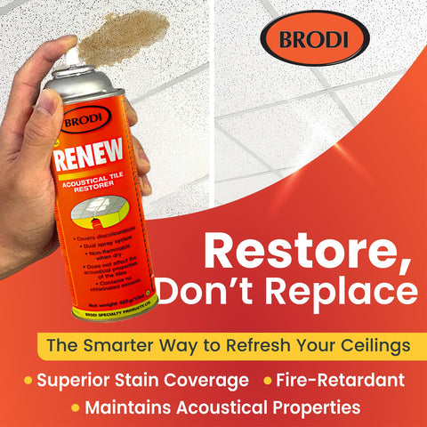 Nonflammable, solvent-free Brodi Renew reduces odors during ceiling refresh.