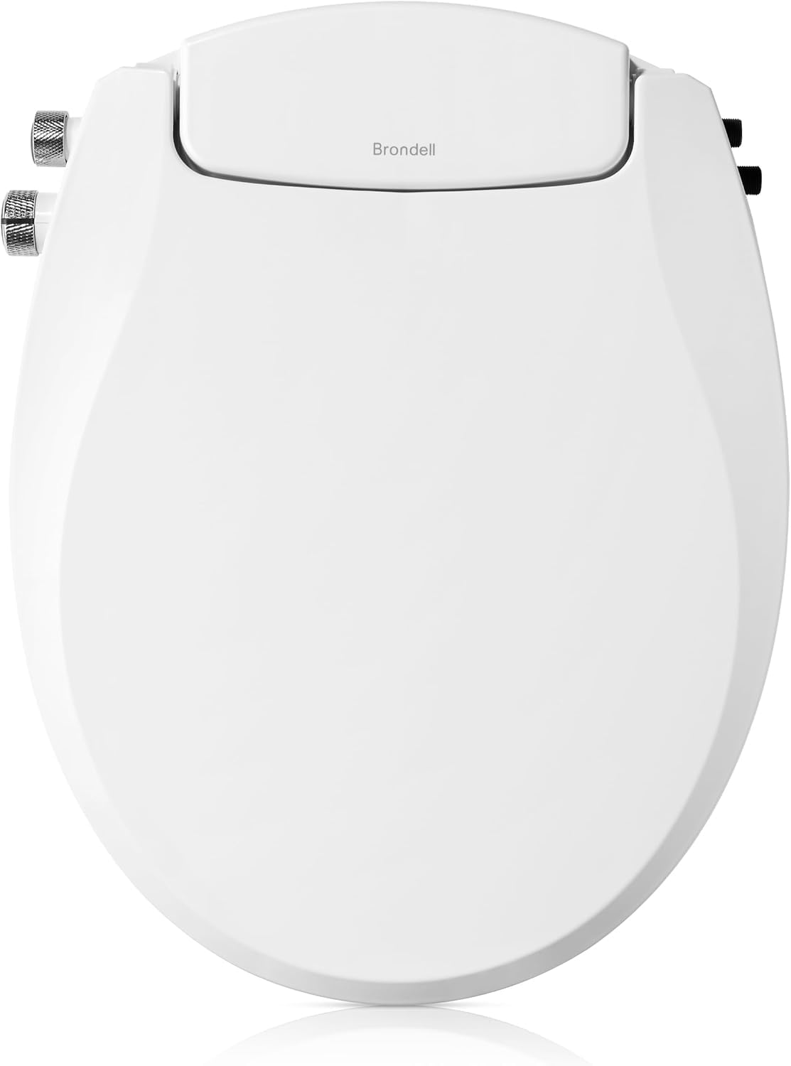 Brondell bidet seat round white, close-up of dual nozzles for rear and front wash