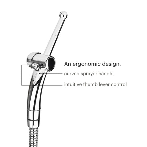 Ergonomic curved hose spray from Brondell enables comfortable cleansing reach