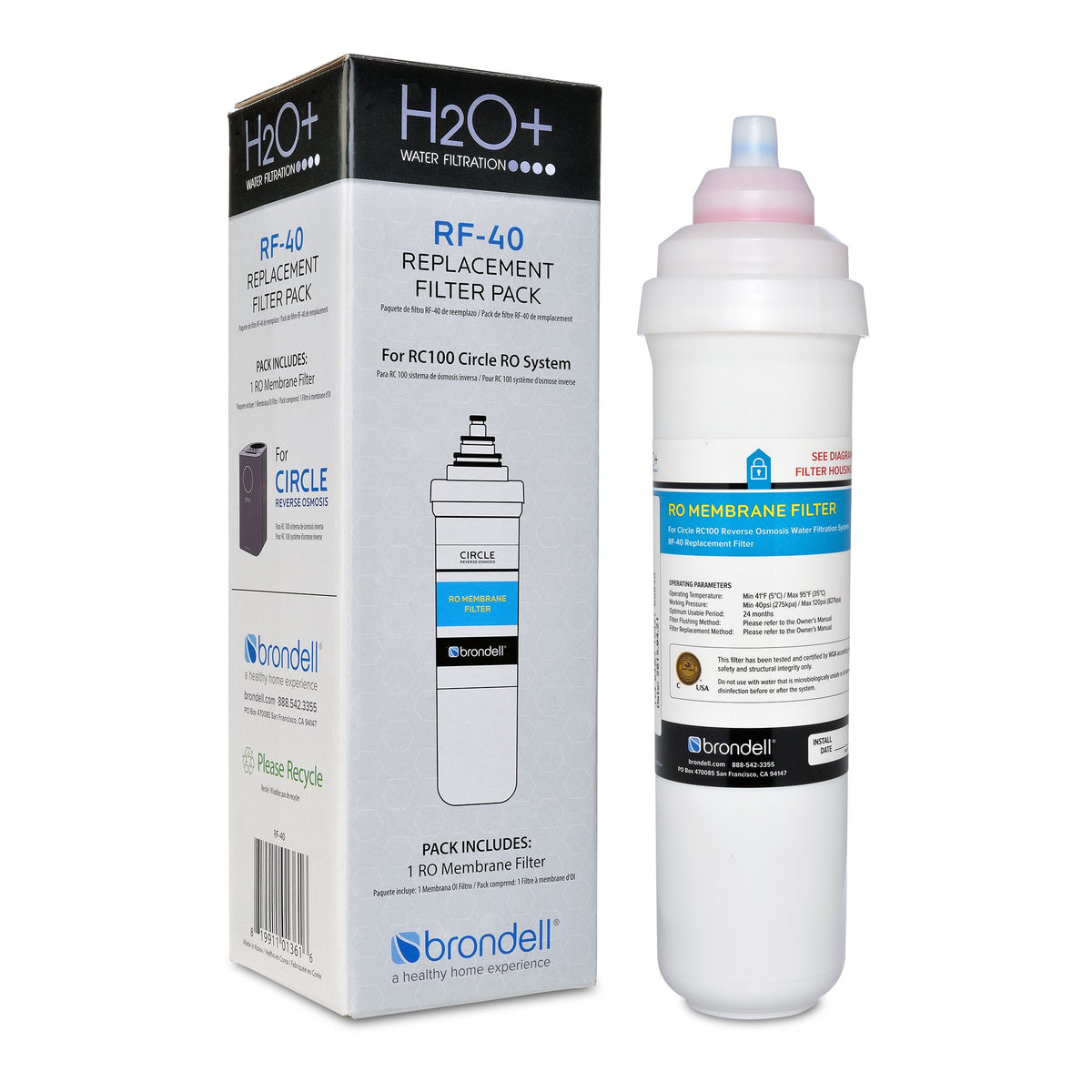 Brondell RF-40 membrane filter view showing Circle RO compatibility and filtration focus.