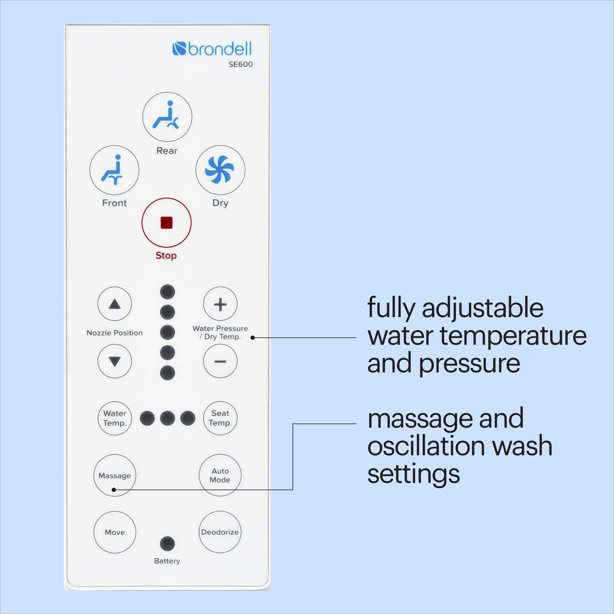 Brondell Swash SE600 stainless-steel nozzle supports rear and front wash.
