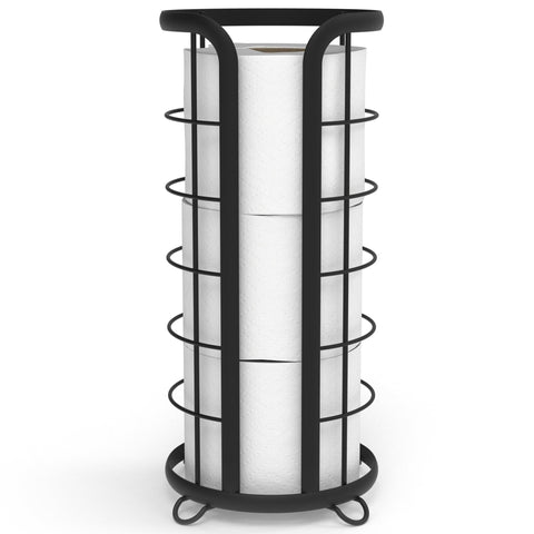 Brookstone black toilet paper holder front view showing space-saving profile