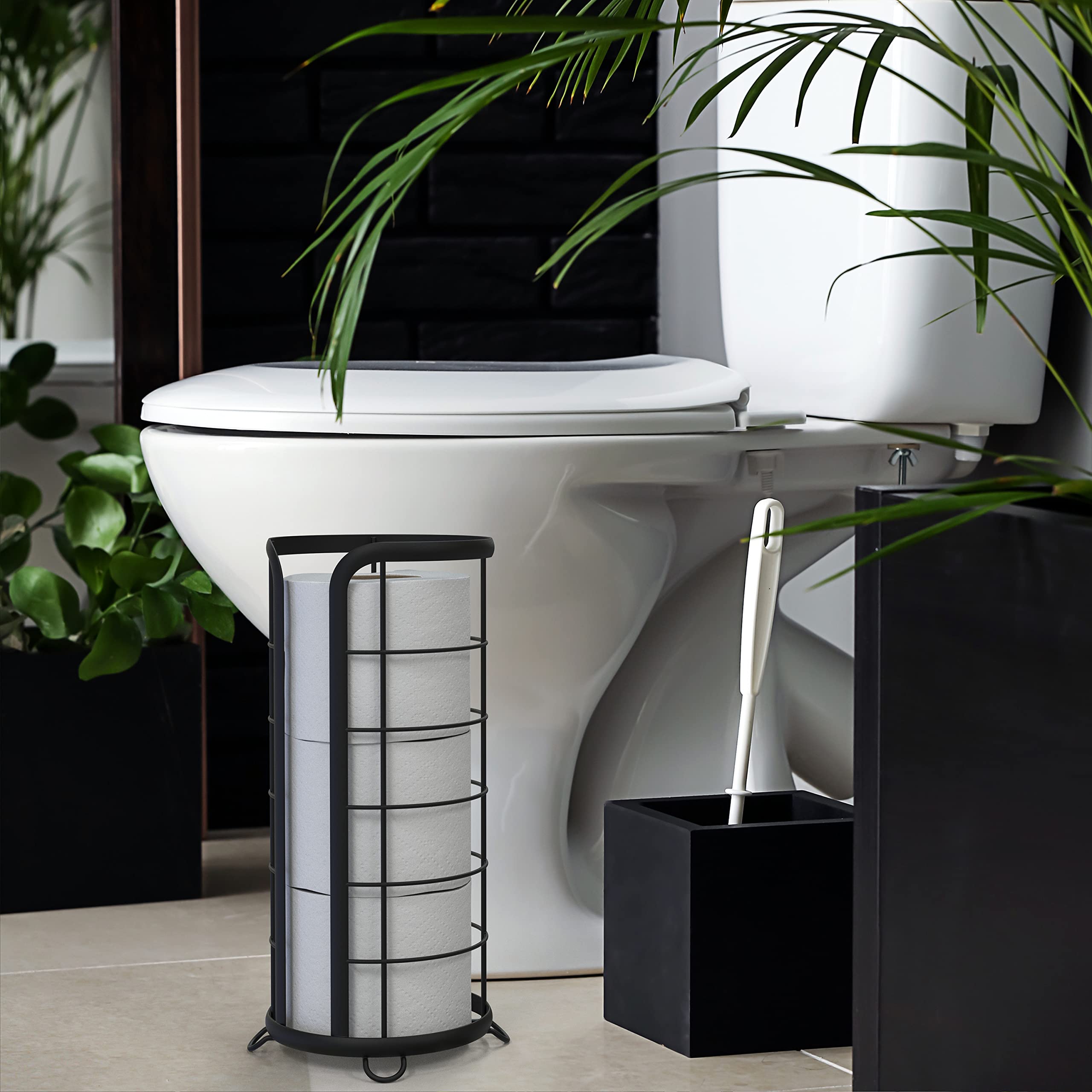 Brookstone black toilet paper holder side profile in a bathroom setup
