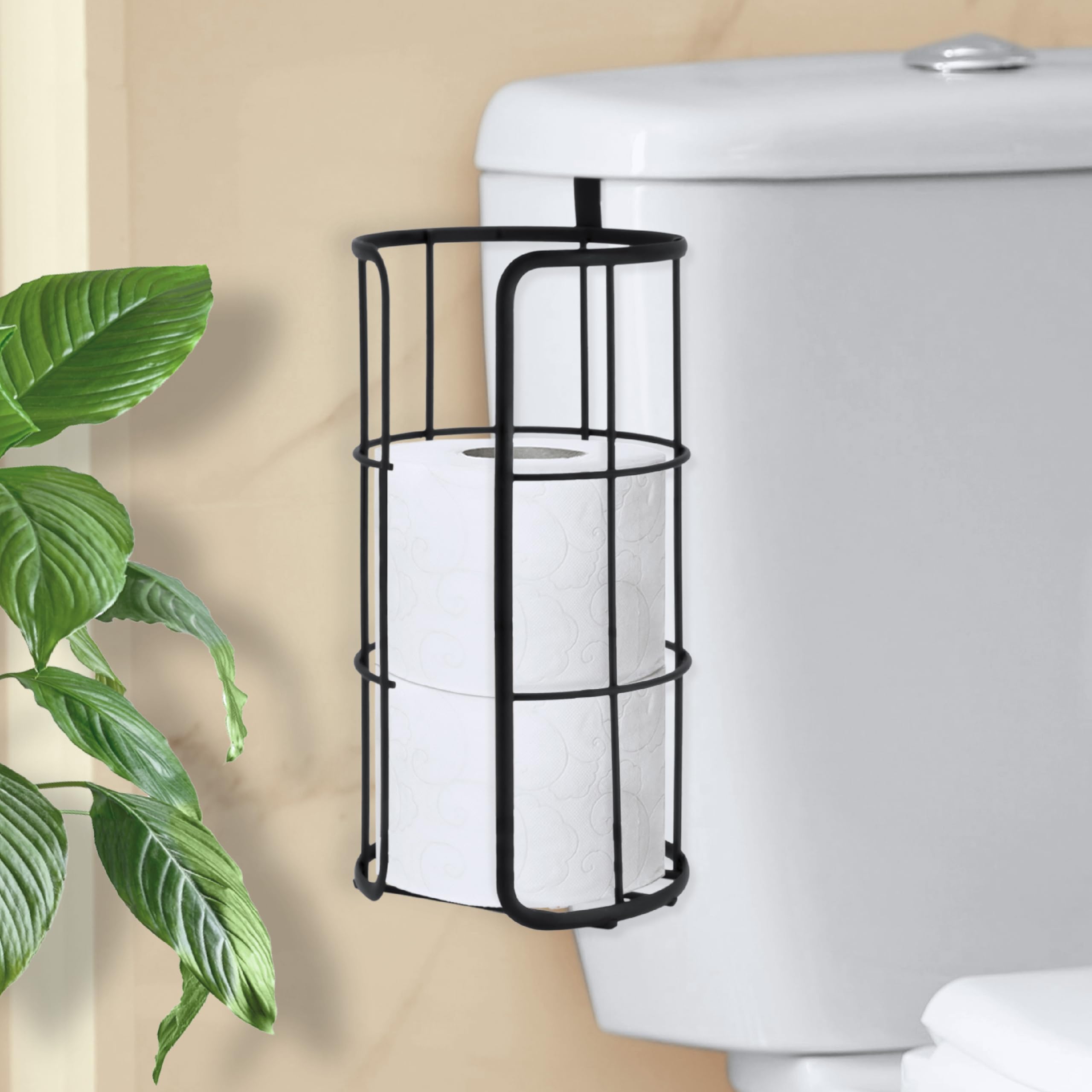 Brookstone Reserve toilet paper holder in matte black, space-saving beside the toilet