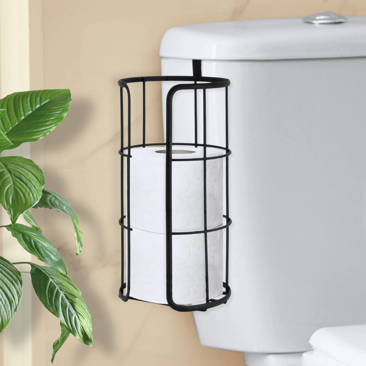 Brookstone Reserve toilet paper holder in matte black, space-saving beside the toilet