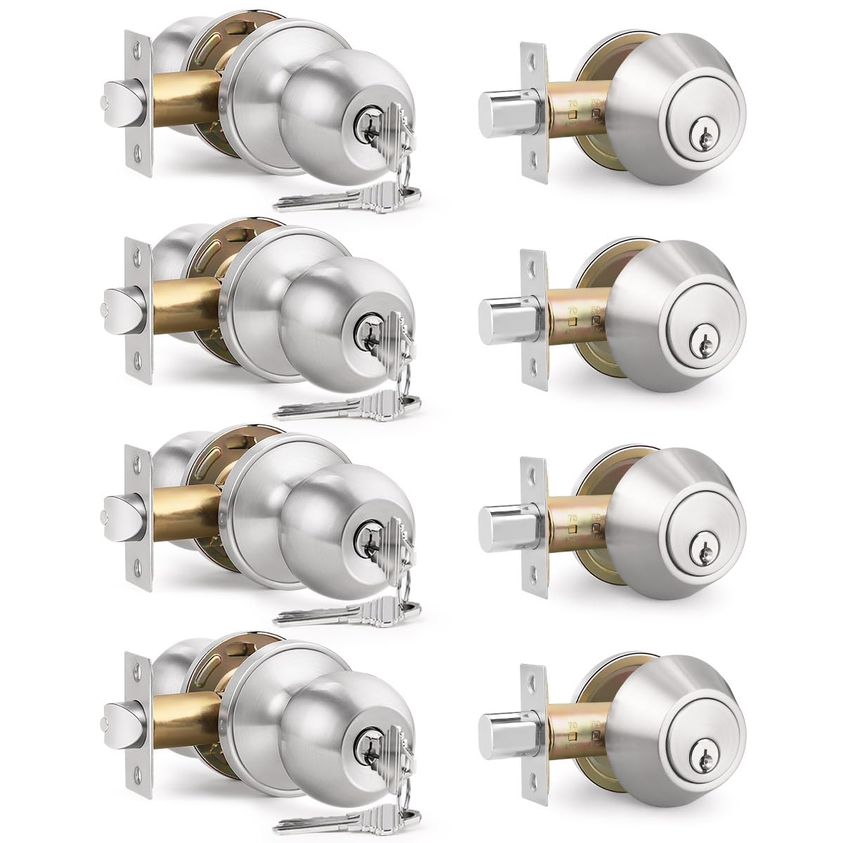 Brotima 4-pack keyed entry knobs and deadbolts in satin nickel for secure home entry.