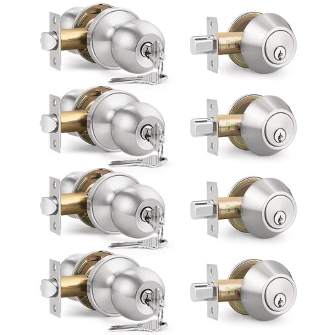 Brotima 4-pack keyed entry knobs and deadbolts in satin nickel for secure home entry.