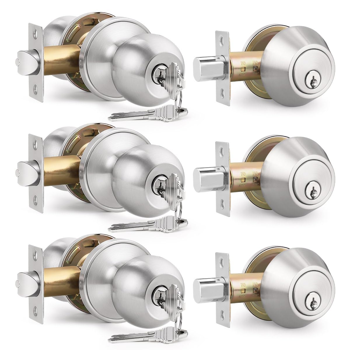 Brotima keyed entry knob and deadbolt set – front view, satin nickel, secure main entry