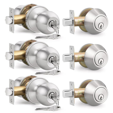 Brotima keyed entry knob and deadbolt set – front view, satin nickel, secure main entry