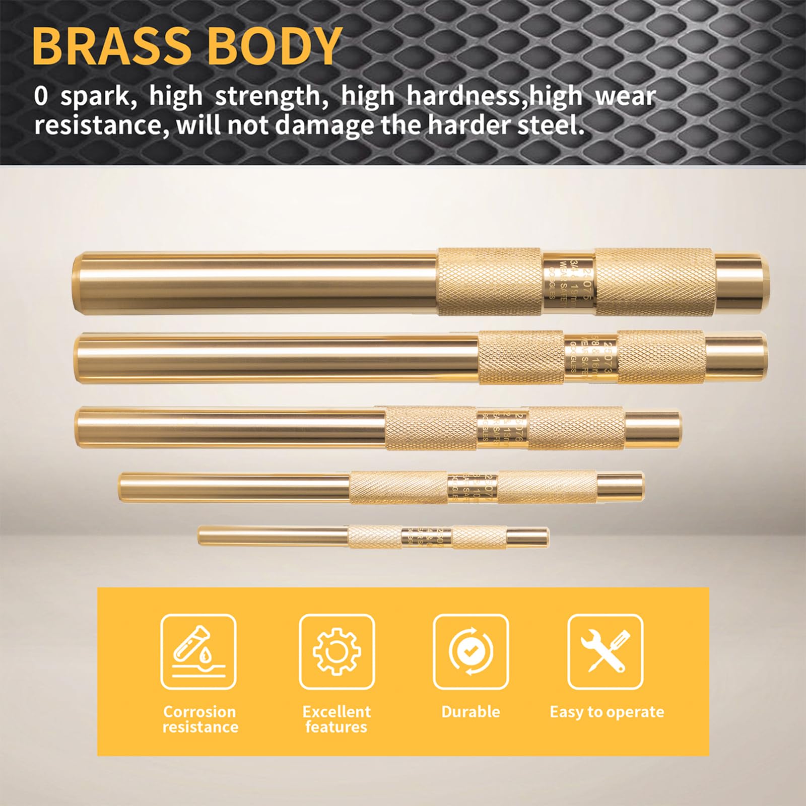 BRSUNAVOM brass punch set 5/8 inch for robust driving with low surface marking.
